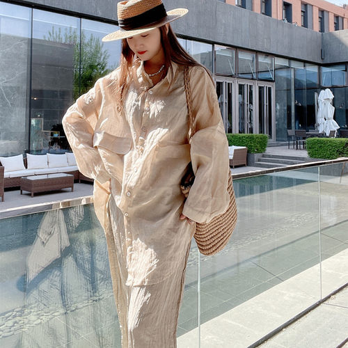 宽松休闲单排扣长袖棉麻衬衫