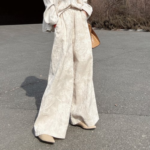 春夏季刺绣高级感亚麻长裤阔腿裤