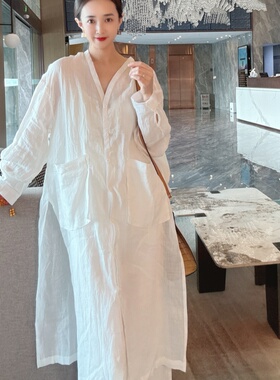 棉麻亚麻上衣女高端V领开叉宽松慵懒风夏防晒衬衫薄款轻奢高级感