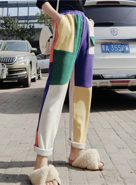 ins裤子女潮bf直筒哈伦老爹裤拼色针织宽松秋冬季新款百搭九分裤