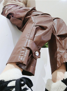 亚光皮裤女时尚宽松百搭工装裤女显瘦高腰秋冬新款潮pu皮九分裤