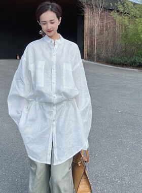 亚麻衬衫女2025新款轻奢高级感中长款宽松慵懒风腰抽绳棉麻上衣潮