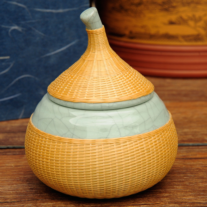 四川非遗手工艺品瓷胎竹编冰裂纹成都竹丝扣瓷茶叶罐送老外茶具