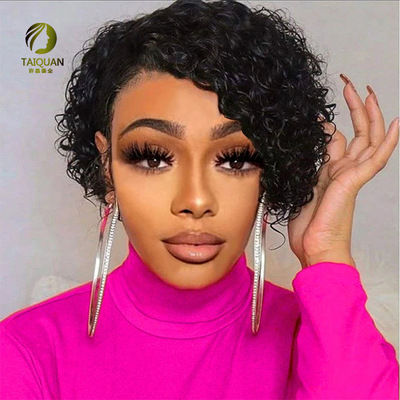 1B色卷发斜分T型Pixie Cut Human Hair Wig前蕾丝真人发假发头套
