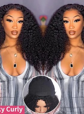 Half Wig Human Hair Kinky Curly Glueless Wig人发无胶半帽头套