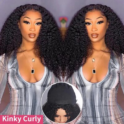 Half Wig Human Hair Kinky Curly Glueless Wig人发无胶半帽头套
