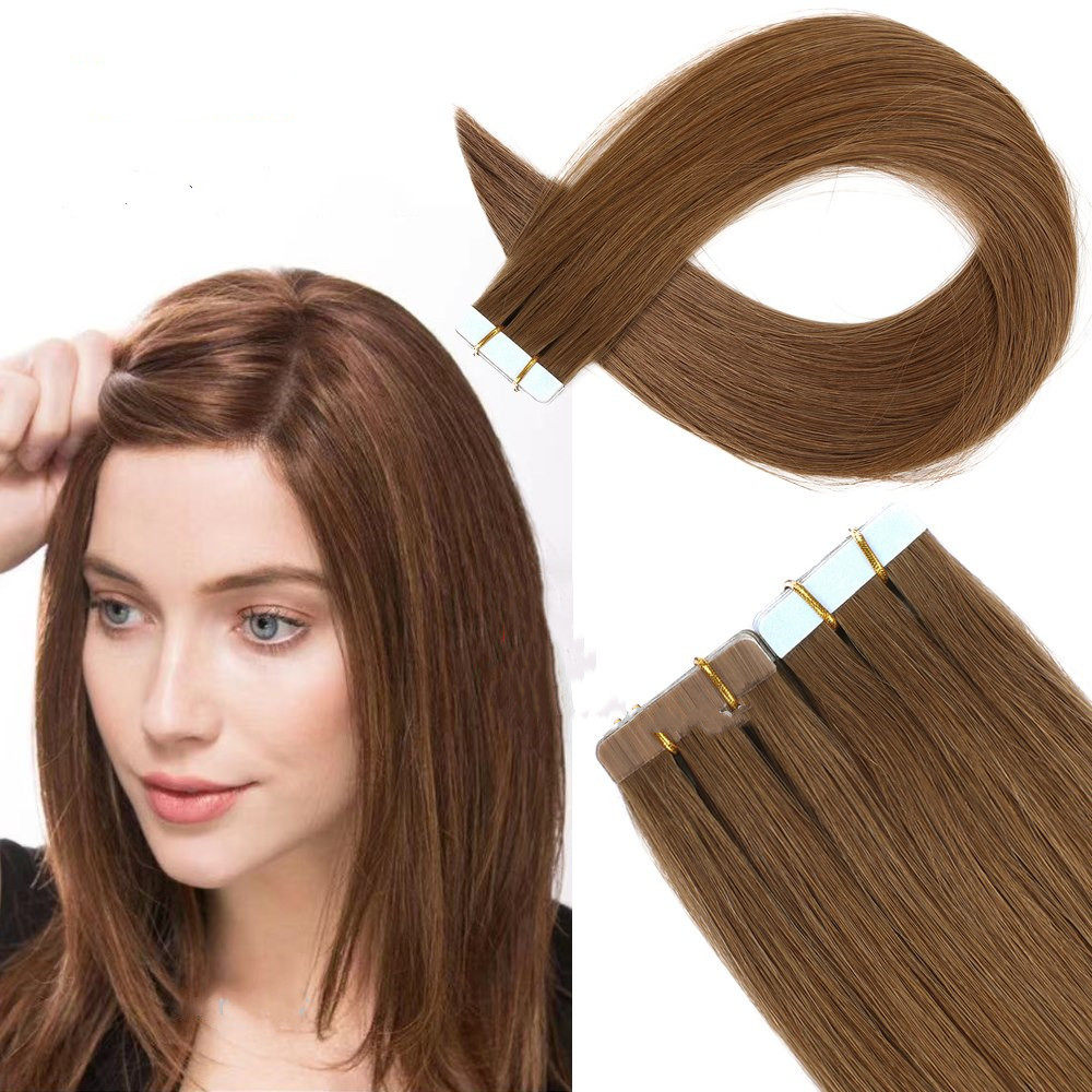 Tape In Human Hair Straight Extensions Color 6# for Woman
