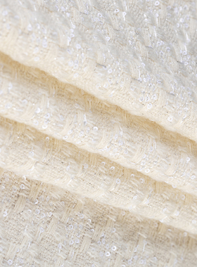 亿源●Tweed粗花呢小香风亮片白色编织面料 高级定制流苏服装布料