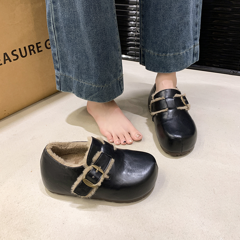 复古皮带扣勃肯鞋女2025冬季新款加绒保暖毛毛棉鞋增高加绒乐福鞋