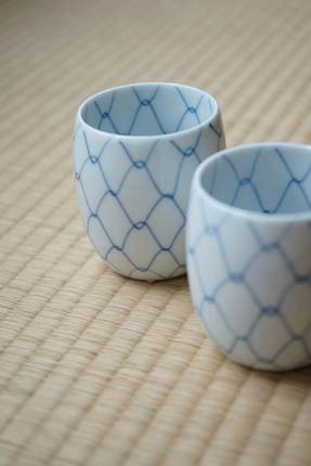 日本青花陶瓷杯  网纹杯 主人杯 对杯 日式 咖啡杯 茶室茶杯