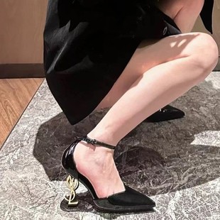 尖头中控凉鞋 款 字母跟漆皮亮面一字带单鞋 单鞋 高跟鞋 网红女鞋 经典