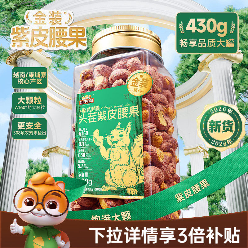三只松鼠金装越南紫皮腰果430g罐装坚果腰果2026新货休闲健康零食