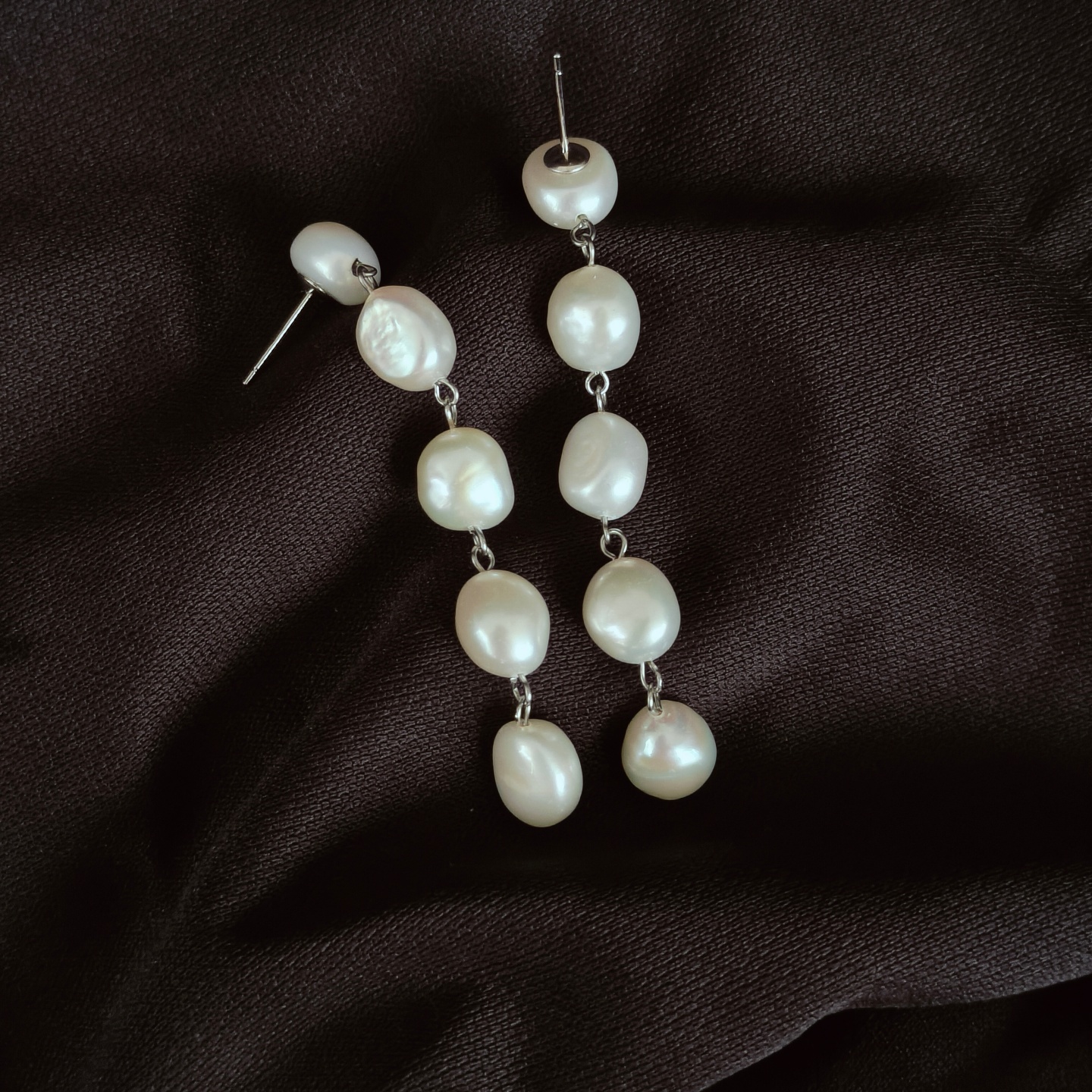 高级感小众设计5颗异形巴洛克天然淡水珍珠925纯银耳钉长款耳环女