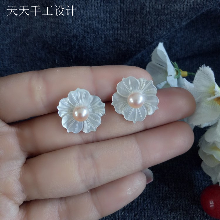 植物花卉925银耳钉贝壳花朵精美