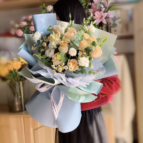 洋甘菊长春香槟玫瑰速递配送实体
