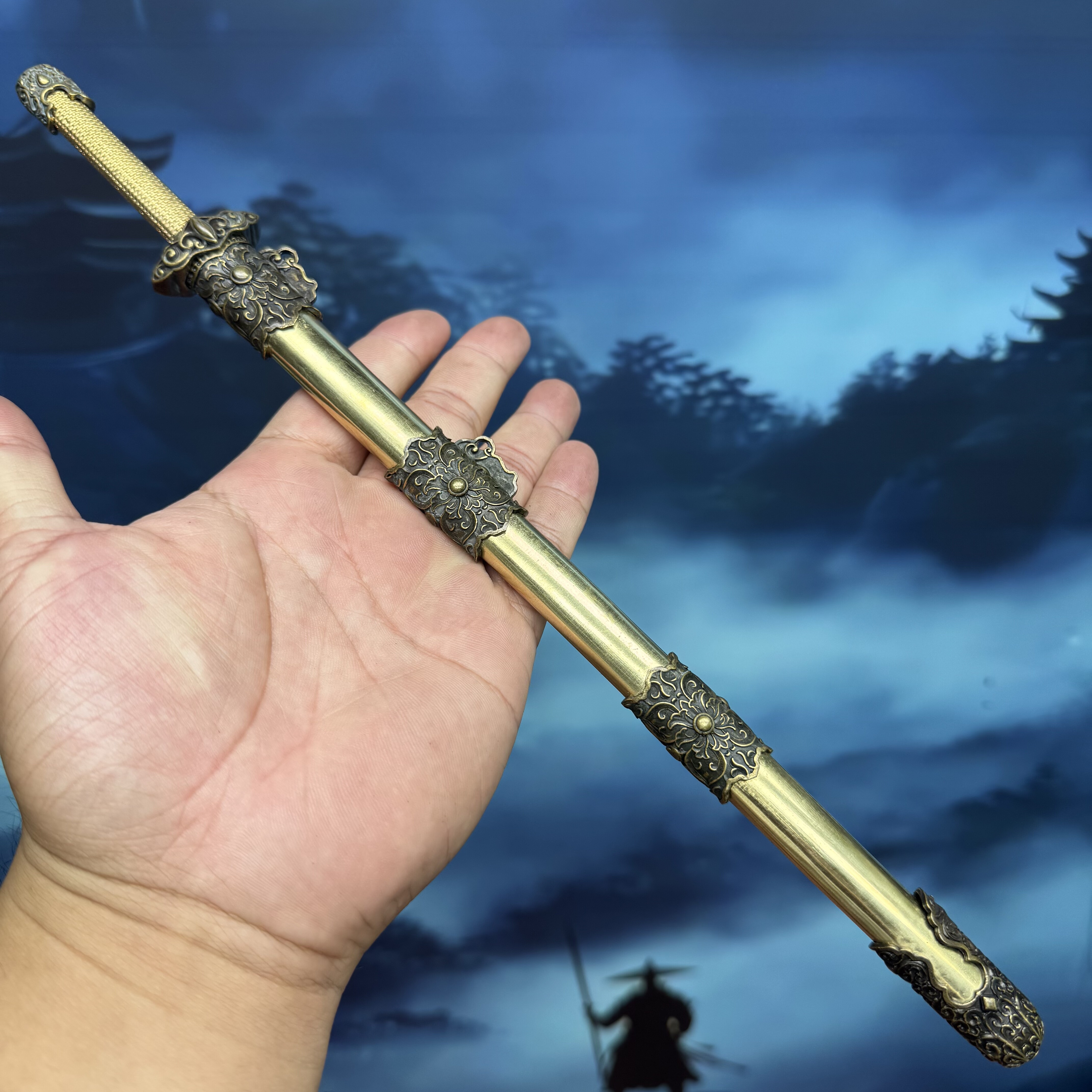 龙泉纯铜刀鞘大马士革钢牡丹剑唐剑微兵器普洱茶针茶桌工艺品摆件