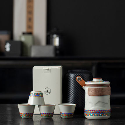 汝窑敦煌陶瓷茶具套装便携旅行一壶4杯家用外出茶壶茶杯功夫茶具