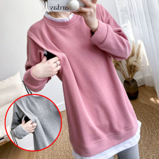 产后秋季 上衣休闲中长套头卫衣辣妈春秋喂奶衣 外出哺乳衣纯棉长袖