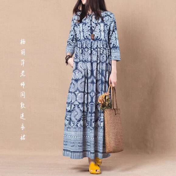 杨丽萍同款连衣裙原创复古印花宽松大码民族风禅意女棉麻休闲长裙