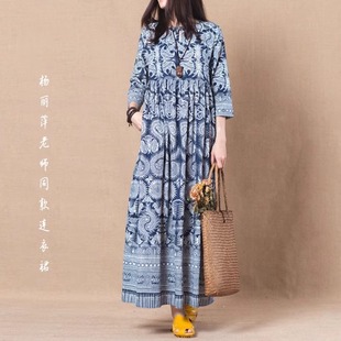 杨丽萍同款连衣裙原创复古印花宽松大码民族风禅意女棉麻休闲长裙