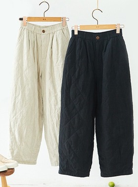 2025冬季麻棉裤子秋冬女 文艺菱形格绗线夹棉显瘦棉裤女款A1119