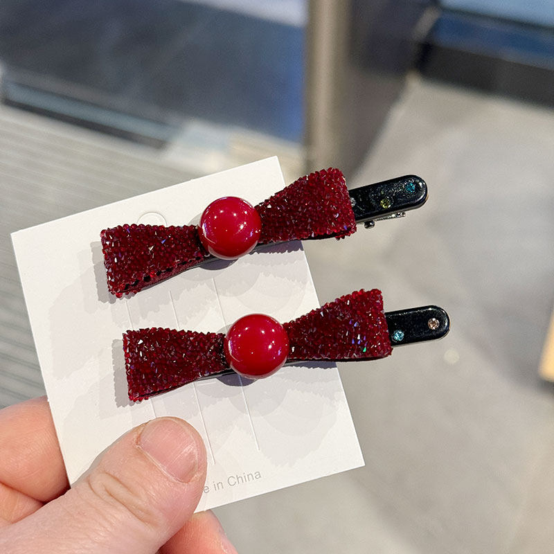 韩版红色蝴蝶结刘海发夹珍珠装饰水钻发卡甜美可爱鸭嘴夹边夹头饰