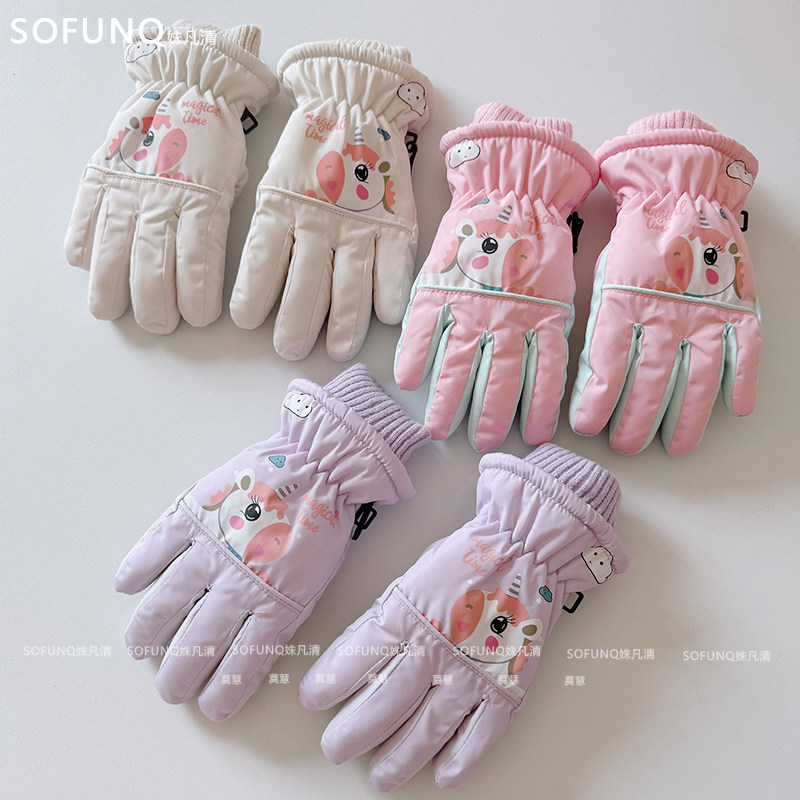 儿童滑雪手套男童女孩玩雪保暖冬季卡通户外加绒加厚防风防寒手套
