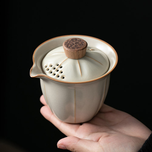 米黄汝窑陶瓷盖碗茶壶单个大号手抓壶高档功夫茶具泡茶壶茶杯家用
