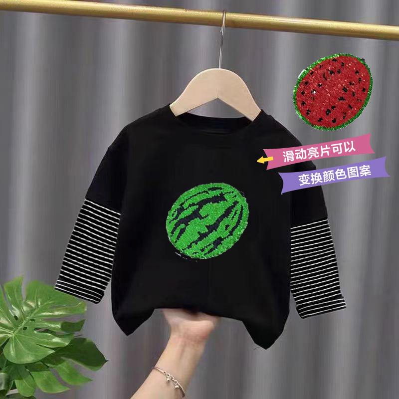 儿童装纯棉长袖T恤变色图案春秋装西瓜翻转亮片男女童假两件上衣t