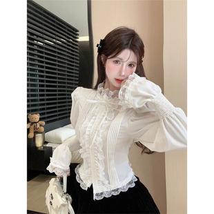 小香风喇叭泡泡袖衬衫女春秋法式宫廷风半高领上衣蕾丝打底衫内搭