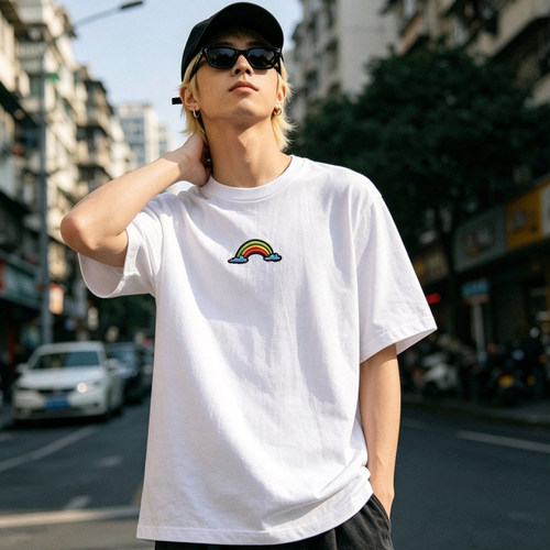 彩虹刺绣黑色白色短袖恤男夏季新款小众刺绣宽松落肩休闲情侣半袖