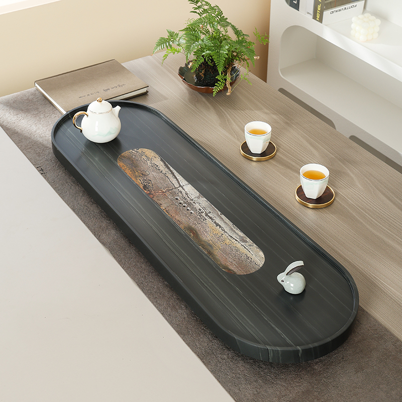 天然乌金石茶盘整块家用现代简约石头茶台国画石石材茶海茶具套装