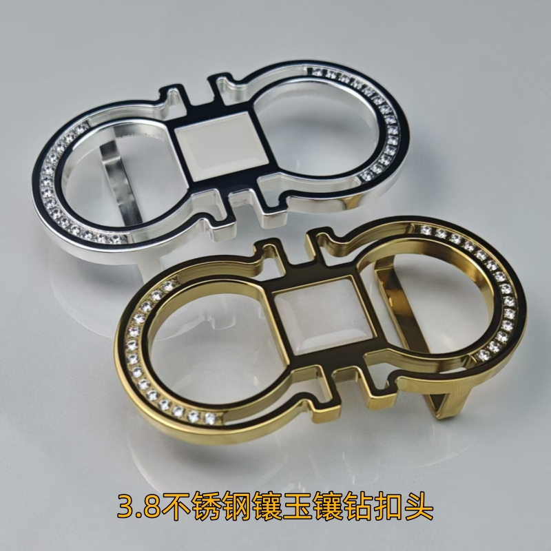 不锈钢镶玉镶钻皮带扣鳄鱼皮男腰带平滑扣高端轻奢24K黄金包金扣