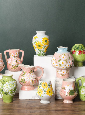 景德镇陶瓷手绘花瓶居家装饰品摆件油画风干花鲜花可水培餐桌花器