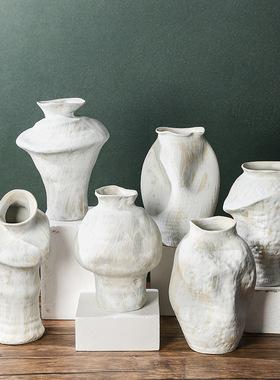侘寂风复古怀旧凹瓶白色手工高级感中古风简约摆件景德镇陶瓷花瓶