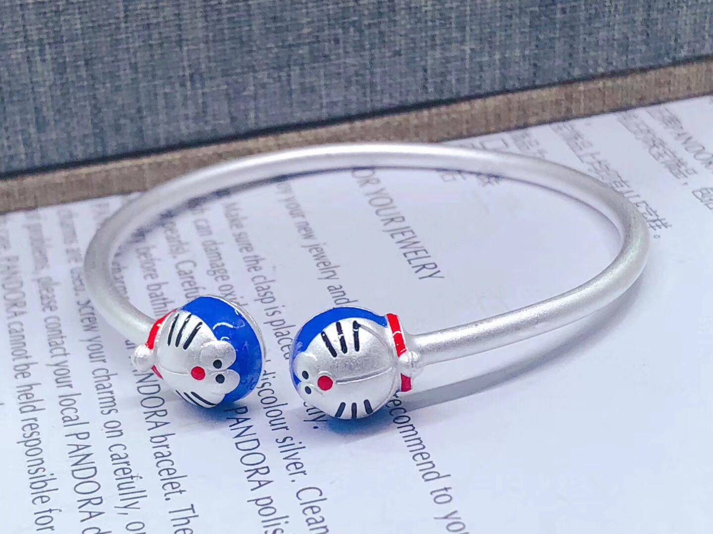 999足银哆啦a梦卡通机器猫儿童纯银手镯开口沙面中大童手环送礼