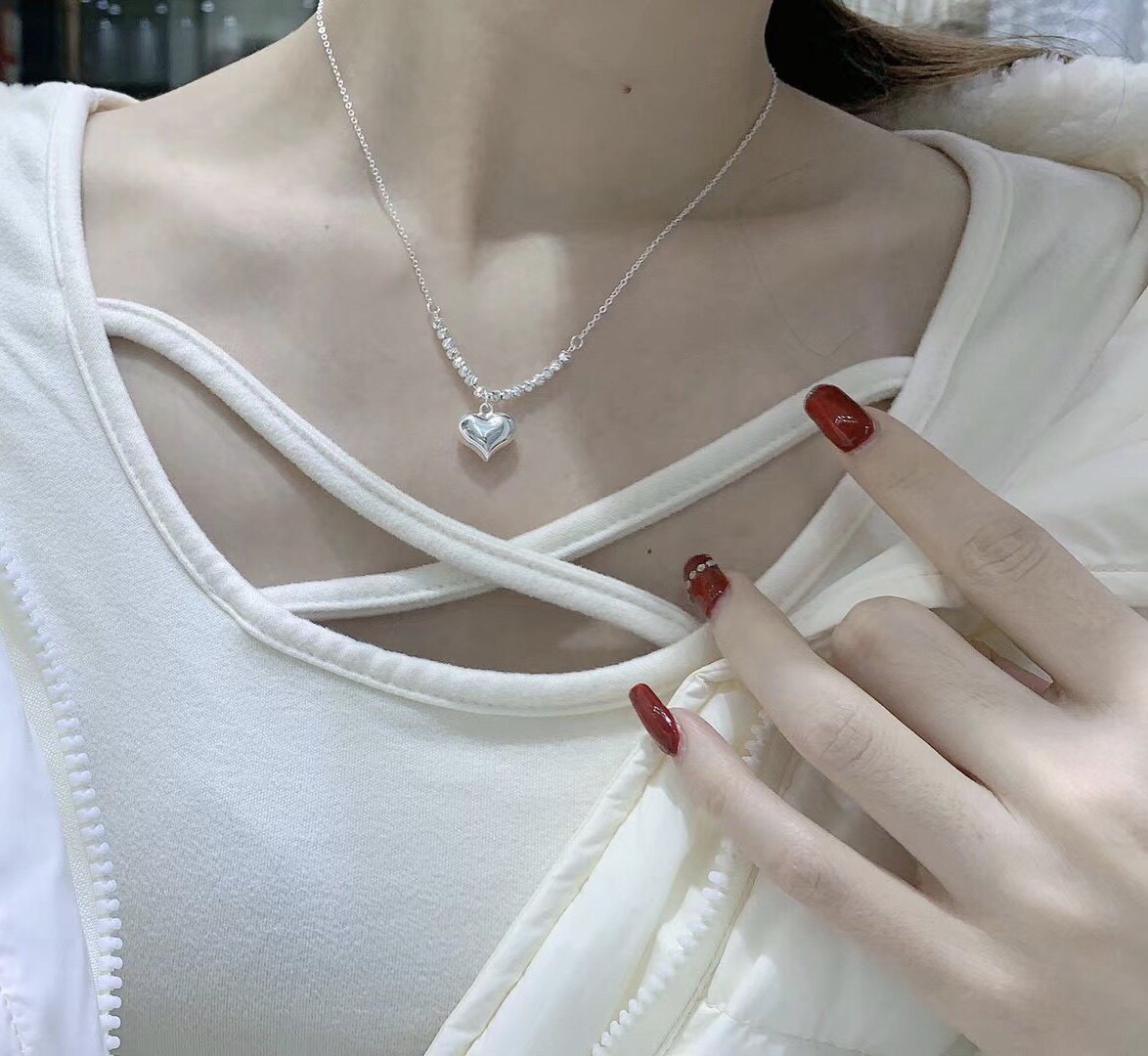 990足银滚刀花纹闪亮转运珠爱心纯银女项链时尚百搭情人节礼物
