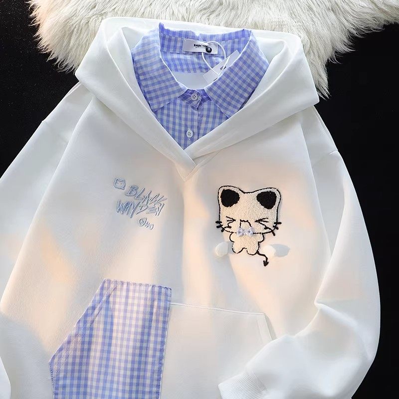 韩系巨好看卡通假两件卫衣女2026新款春秋小个子加绒学院风上衣冬