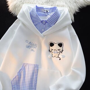 韩系巨好看卡通假两件卫衣女2026新款春秋小个子加绒学院风上衣冬