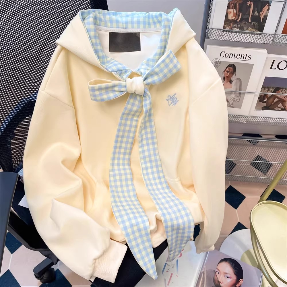 甜美格子蝴蝶结绑带连帽卫衣女2025新款秋冬季宽松慵懒风两件套装