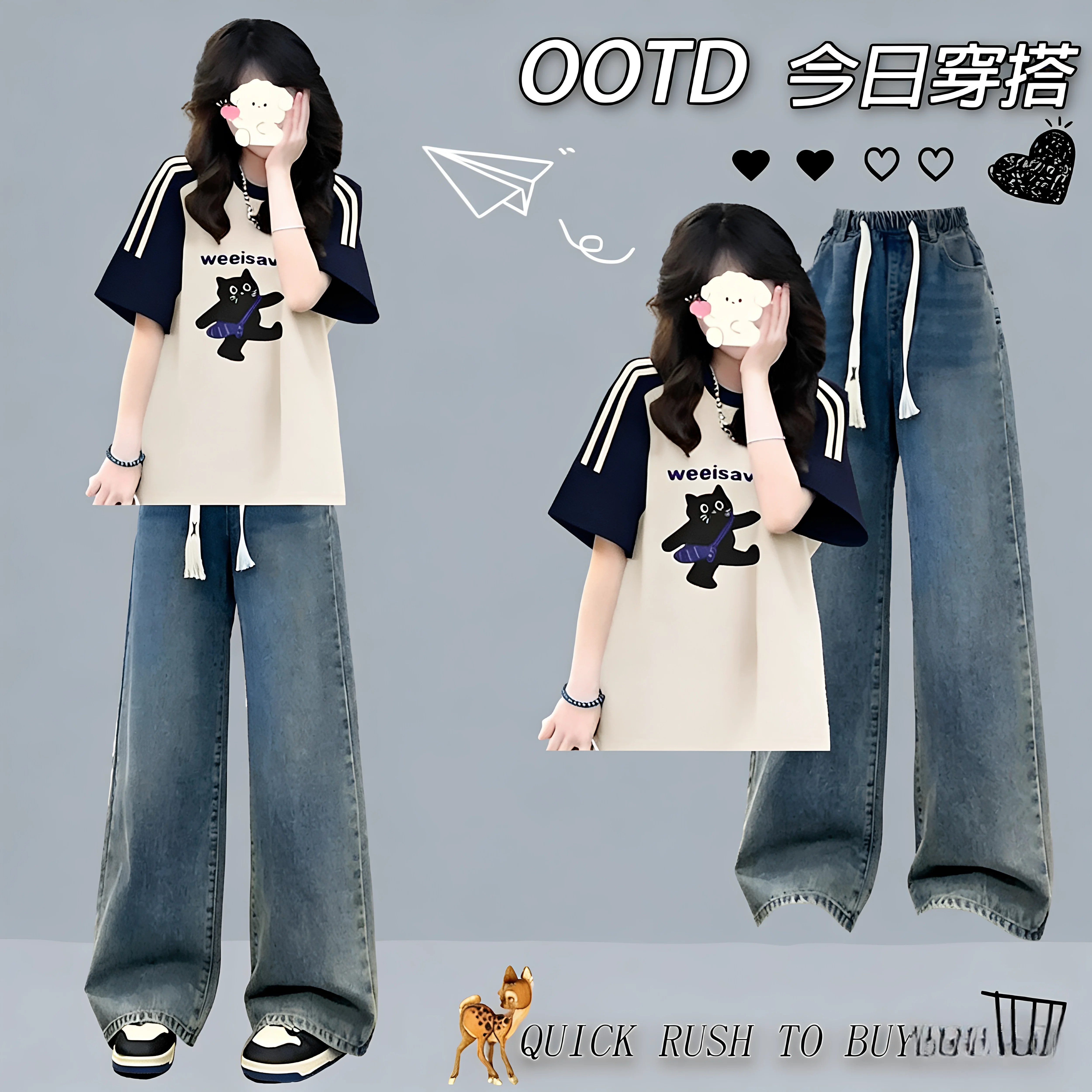 夏季女学生纯棉T恤牛仔裤套装