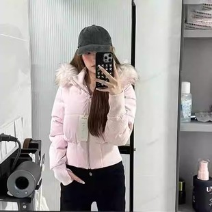 粉色毛领连帽短款收腰羽绒棉服女冬季加厚保暖小个子显瘦棉衣外套
