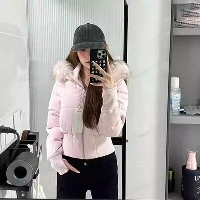 粉色毛领连帽短款收腰羽绒棉服女冬季加厚保暖小个子显瘦棉衣外套