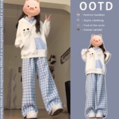 两件套 盐系学院风穿搭套装 新款 女慵懒假两件连帽卫衣长裤 2025秋季