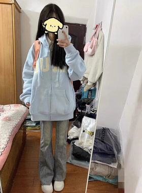 美式复古蓝色开衫卫衣外套女秋冬加绒小个子高级感拉链连帽棒球服