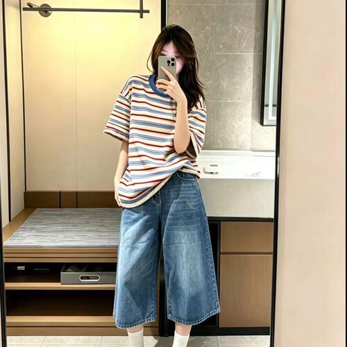 夏季女减龄条纹T恤七分裤套装