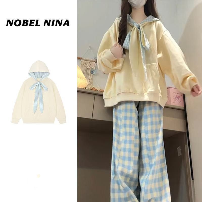 格子绑带连帽卫衣女新款2025爆款时尚洋气学院风韩系chic别致上衣