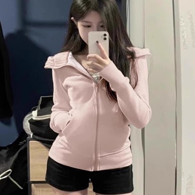 粉红色收腰短款卫衣女2025新款