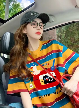 撞色条纹短袖t恤女2026新款夏季宽松学生趣味印花橙色高级感上衣