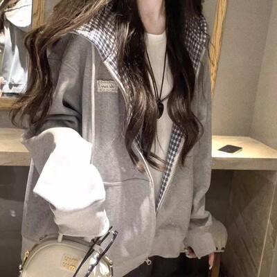 格子拼接开衫卫衣女2025新款爆款